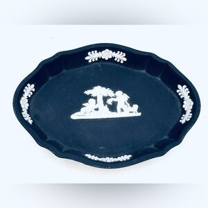 Wedgwood Black Jasperware Oval Pin Dish Jewelry Trinket Tray 4.5”X3.25”